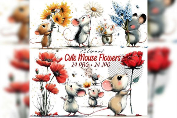 Download Whimsical Mouse &amp; Flower Clipart Set - Clipart Collection