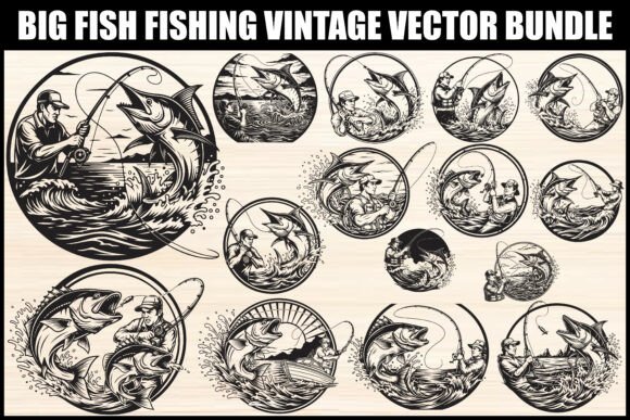 Download Big Fish Fishing Vintage Vector Bundle - Vector bundle Collection